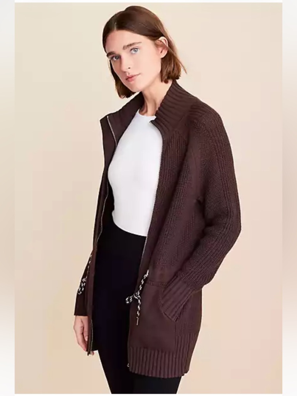 Lou & Grey Chocolate Brown Ribbed Zip-Front Knit Cardigan with Waist Ties